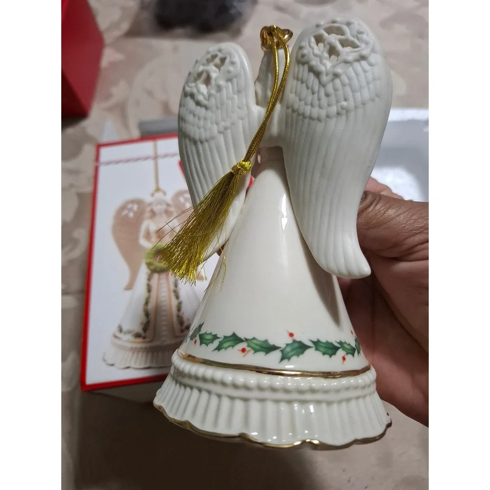 Lenox Holiday Angel Bell Ornament 6in Ivory Porcelain Holly Wreath 879206